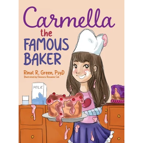 Children's hardcover picture book cover, illustrated baker girl holding a tray of pastries