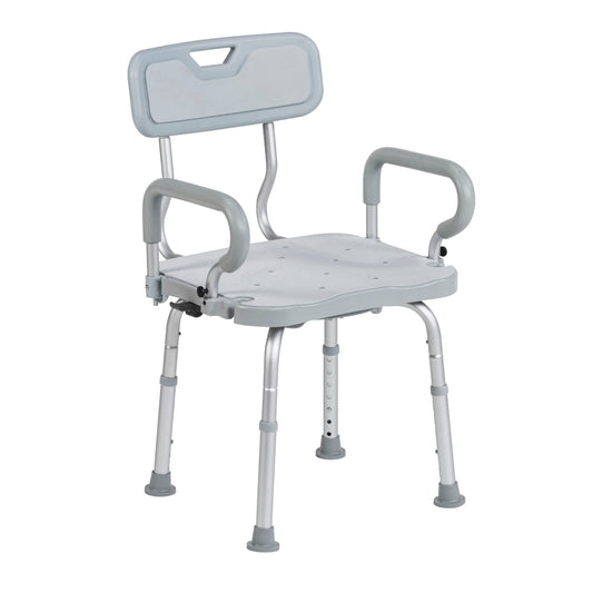 Light gray swivel bath chair with contoured seat, backrest, and two armrests