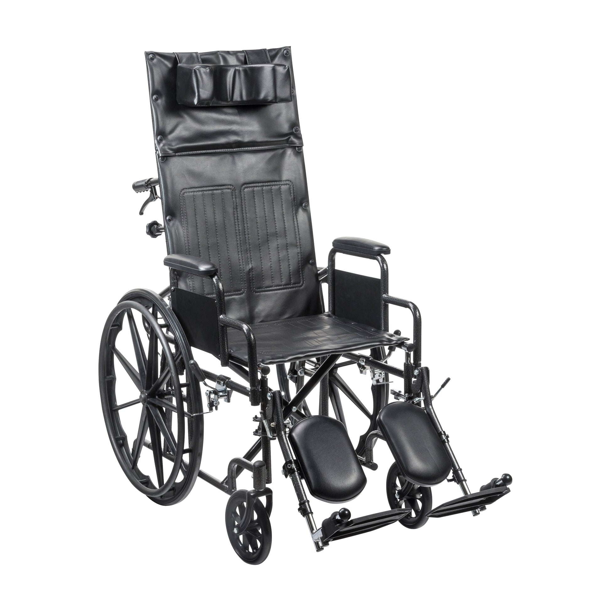 Full-reclining wheelchair with desk arms, padded armrests and footrests, dark upholstery