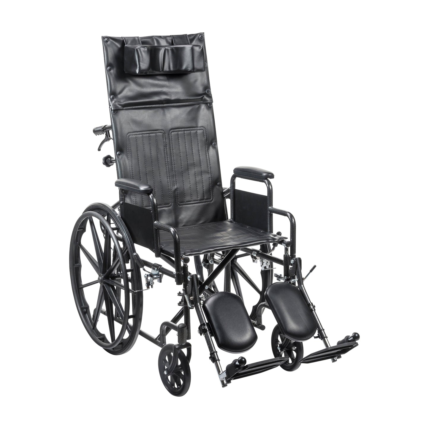 Full-reclining wheelchair with desk arms, black vinyl seat and back, large rear wheels