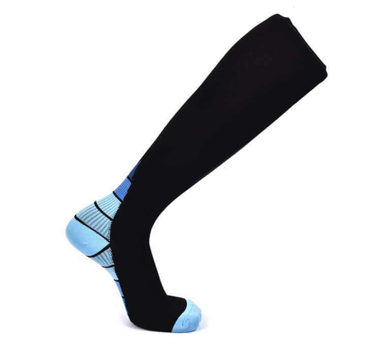 Dark compression crew sock with blue striped panel and light blue toe/heel accents
