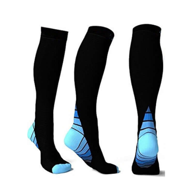 Black compression crew socks with blue cushioned heel and toe stripes