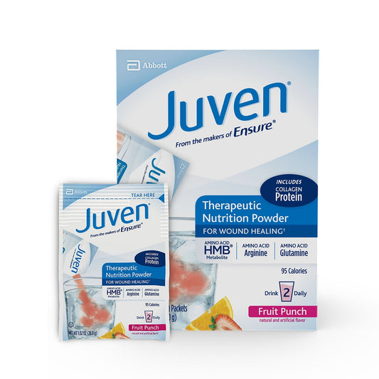 Juven Fruit Punch therapeutic nutrition powder packet and box front