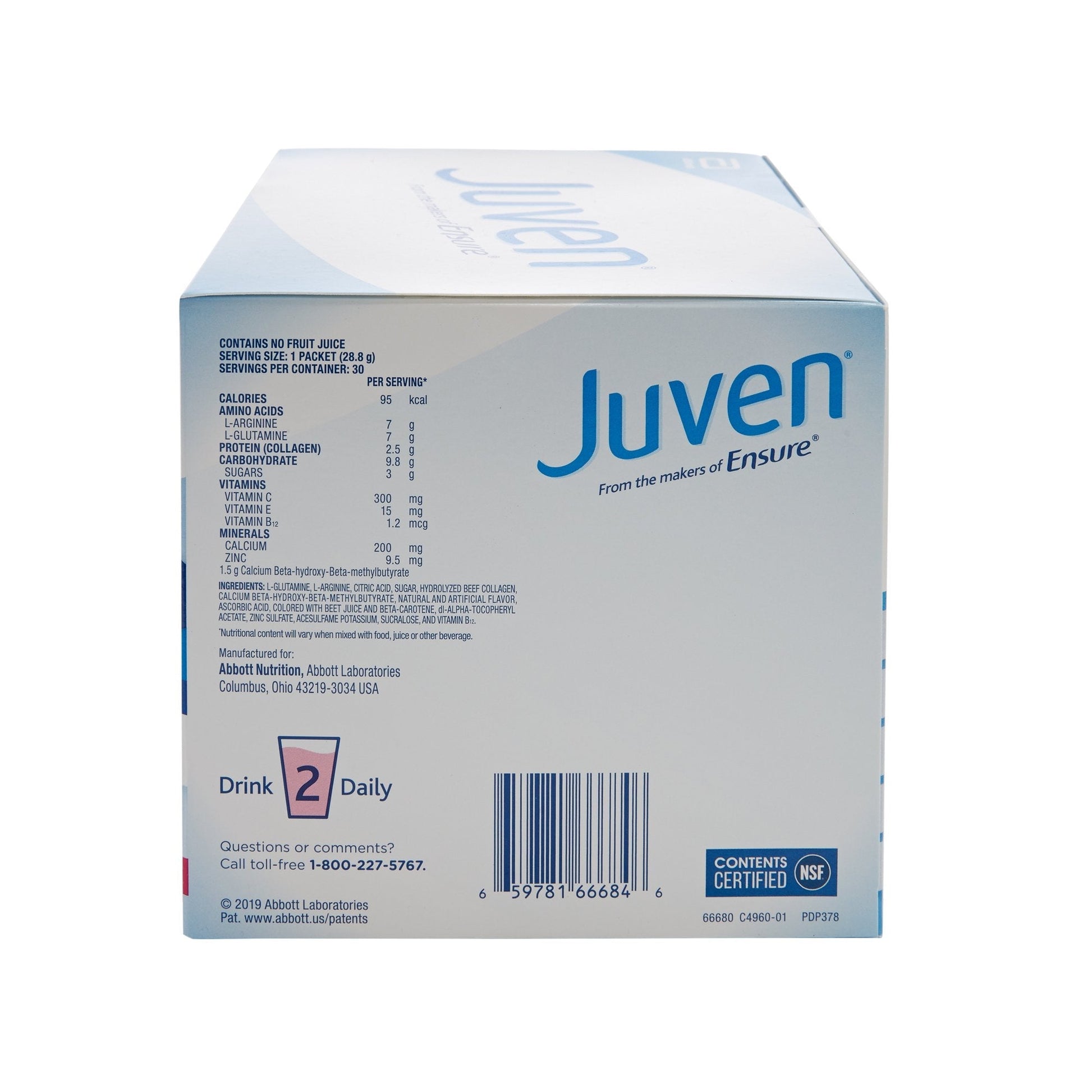 Juven therapeutic nutrition powder box back panel with Drink 2 daily