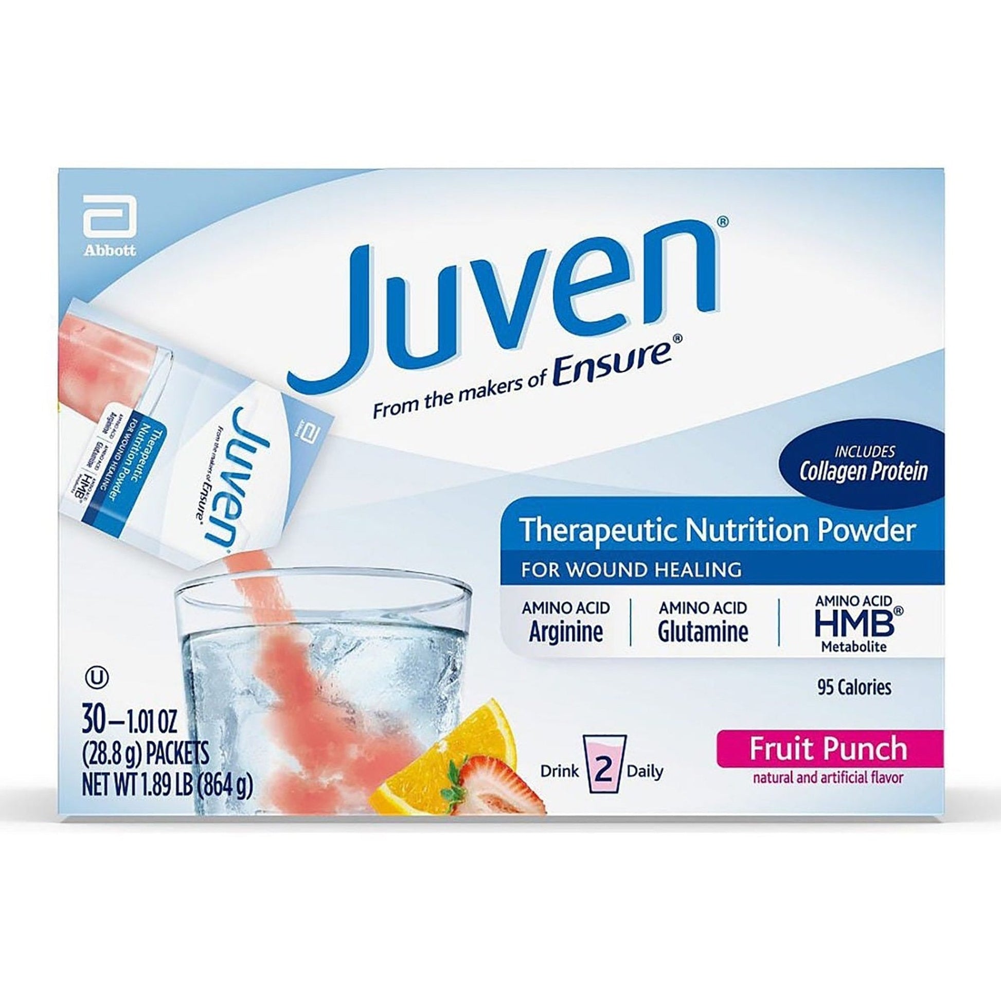 Juven therapeutic nutrition powder box with Fruit Punch flavor and collagen protein