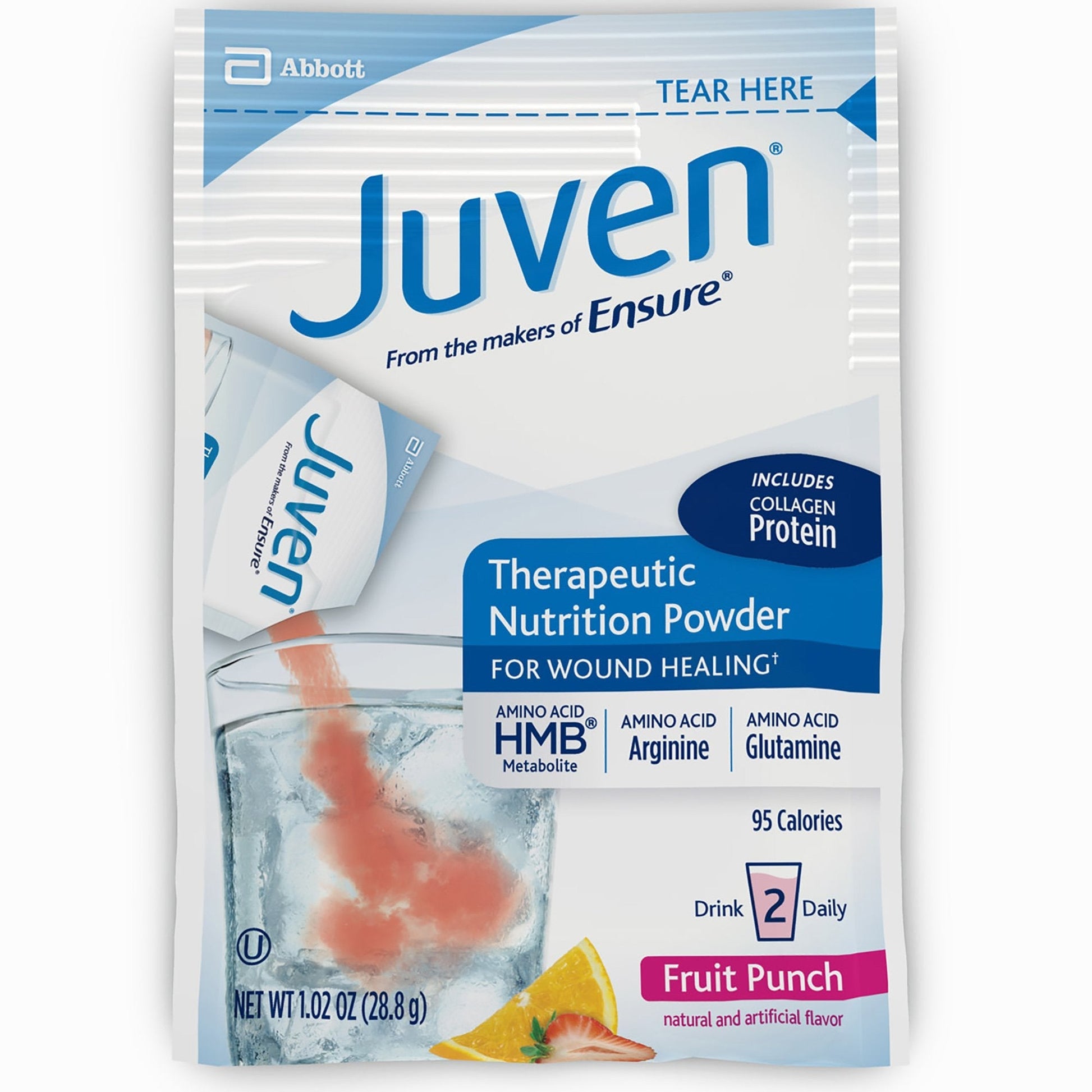 Juven therapeutic nutrition drink mix, Fruit Punch packet with collagen protein label