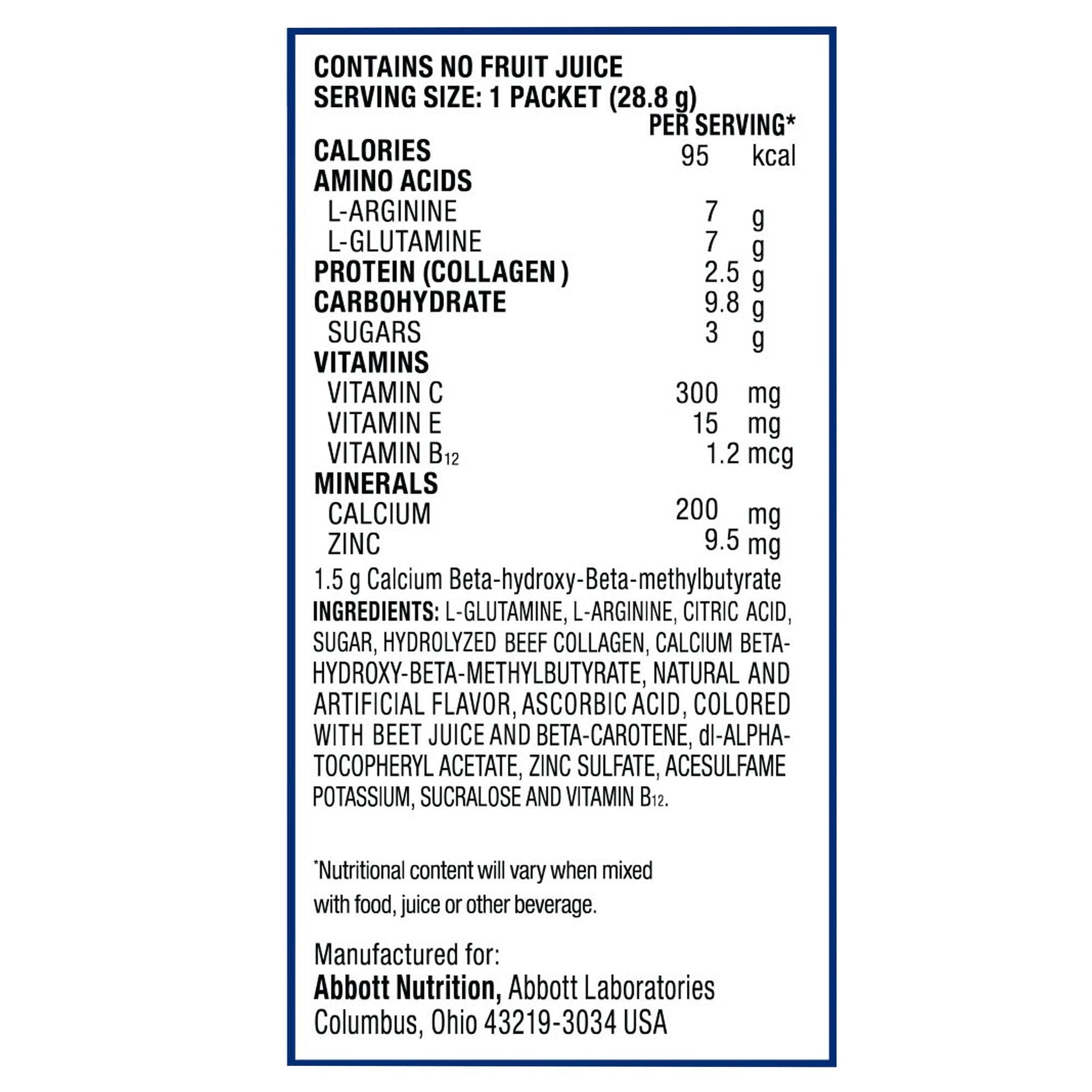 Juven Fruit Punch nutrition facts panel with serving size 1 packet (28.8 g)