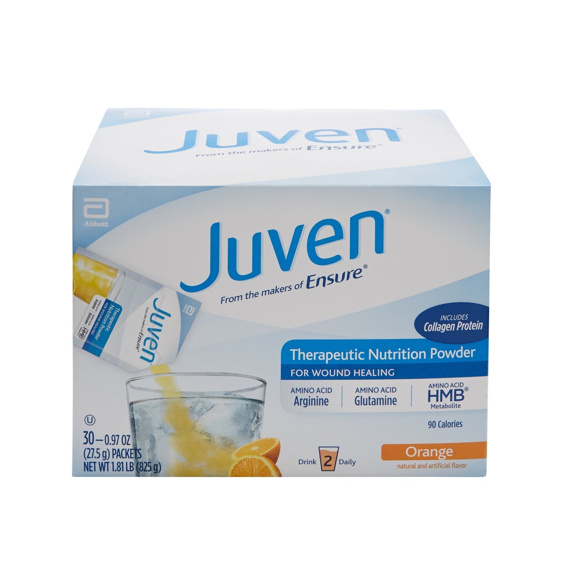 Juven orange therapeutic nutrition powder, front of 30-packet box with collagen protein