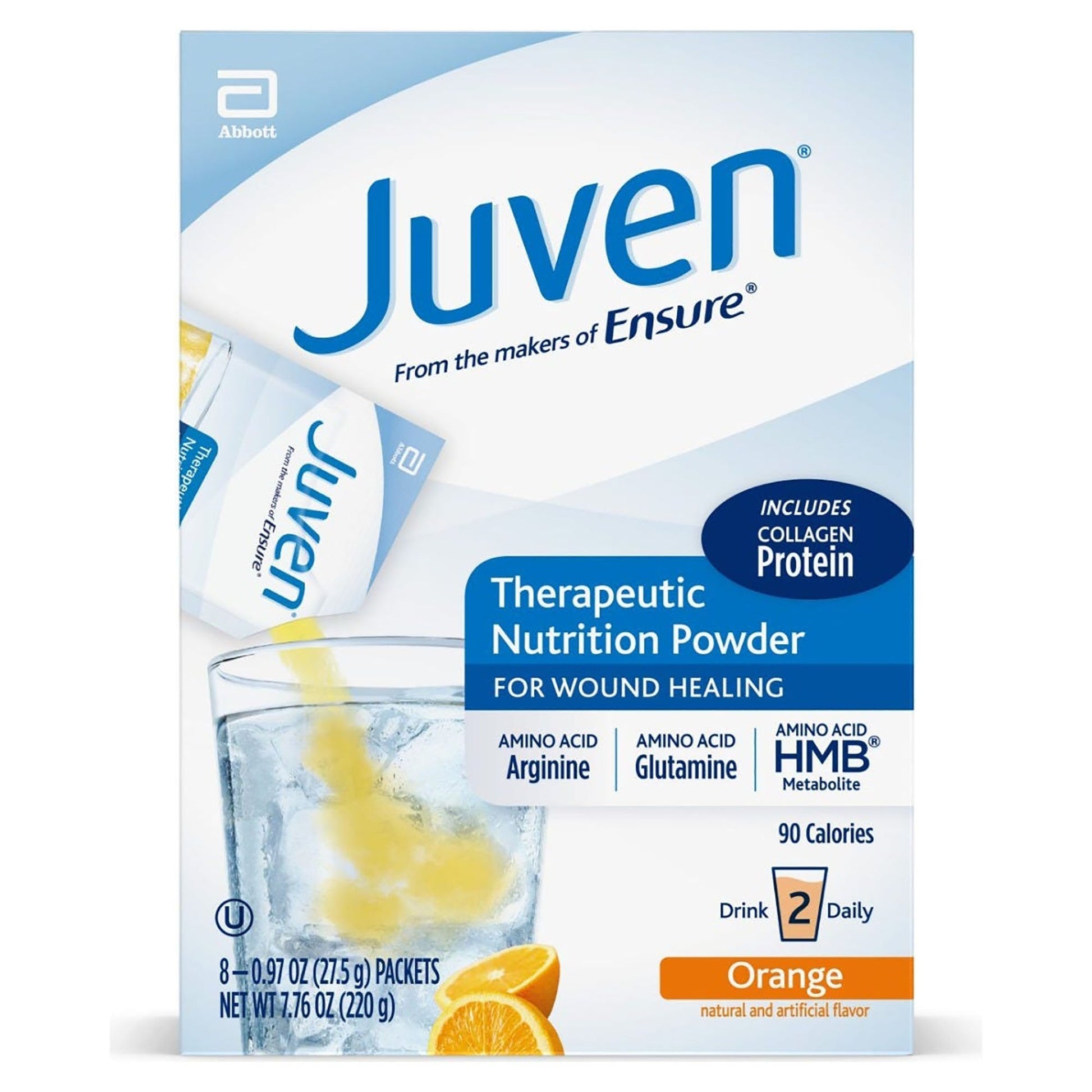 Juven orange therapeutic nutrition powder, front of 8-packet box with collagen protein