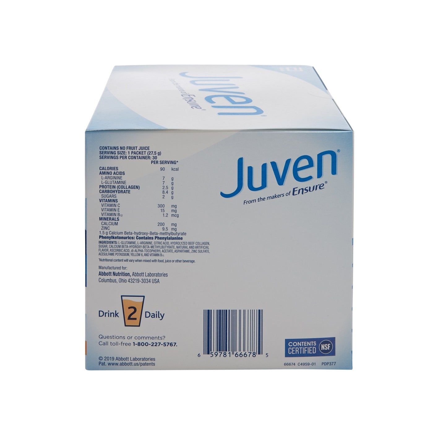 Juven orange therapeutic nutrition powder box back with nutrition facts and barcode