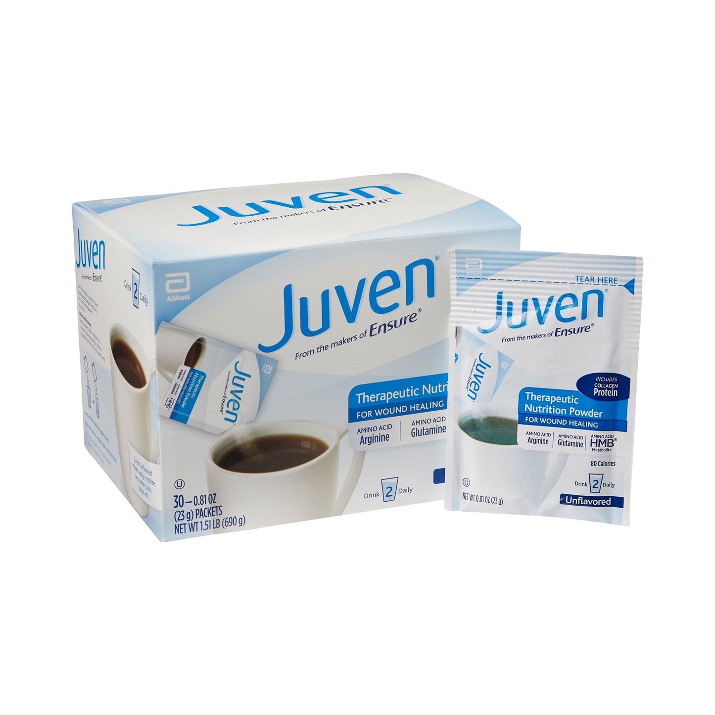 Unflavored therapeutic nutrition drink mix box with single packet, 30 packets
