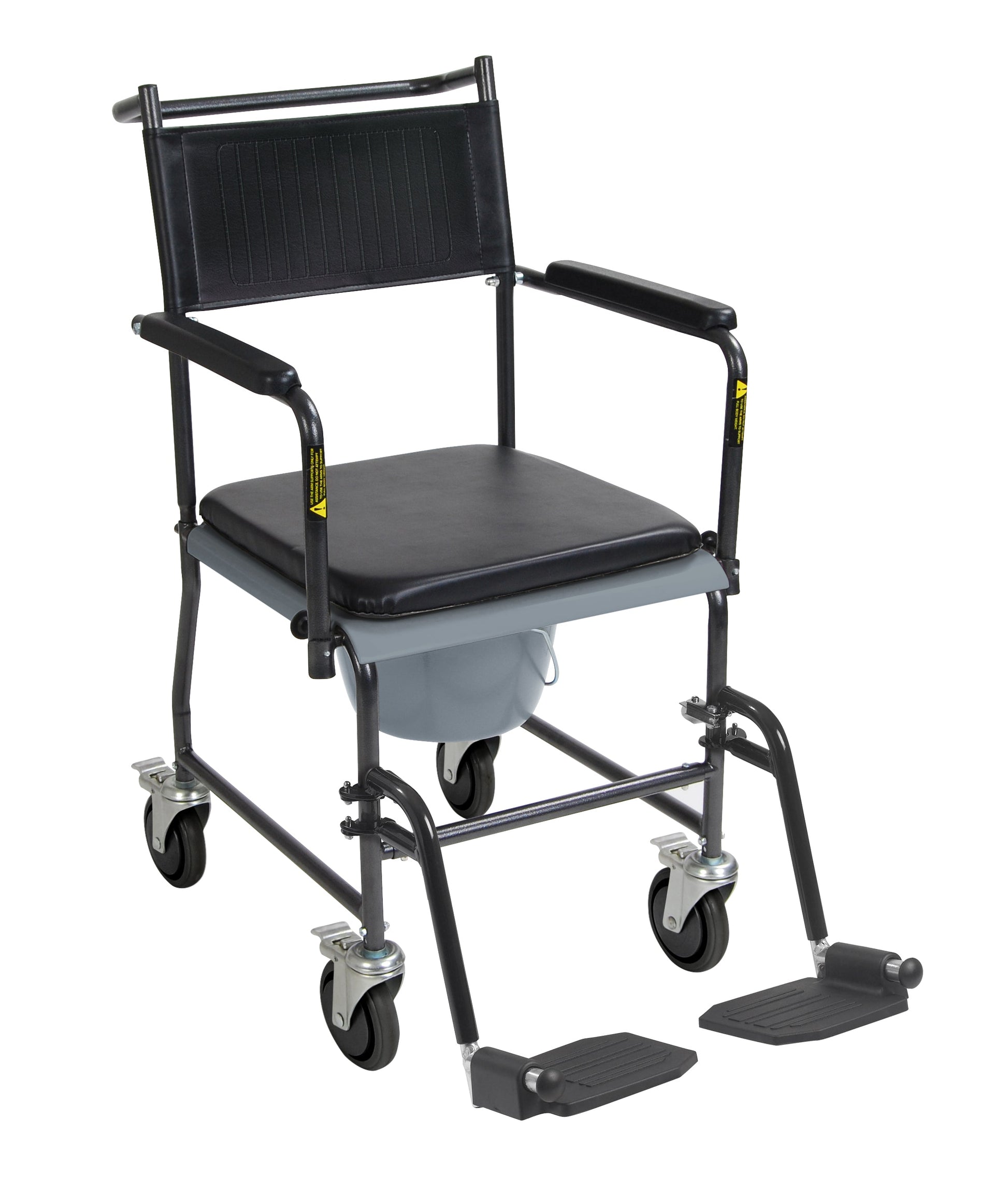 Upholstered wheeled commode chair with drop arms, padded seat and back, caster wheels