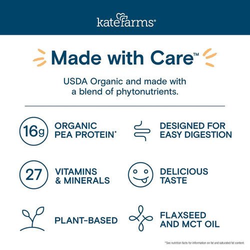 Glucose Support vanilla shake pack panel with “Made with Care” details