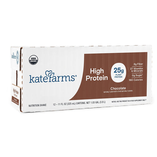 Chocolate high protein nutrition shake carton case with 12-pack label and 25g plant protein