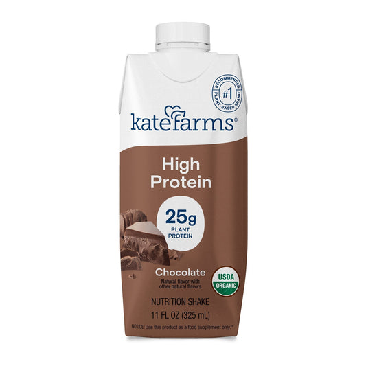 Chocolate high protein nutrition shake carton showing 25g plant protein label