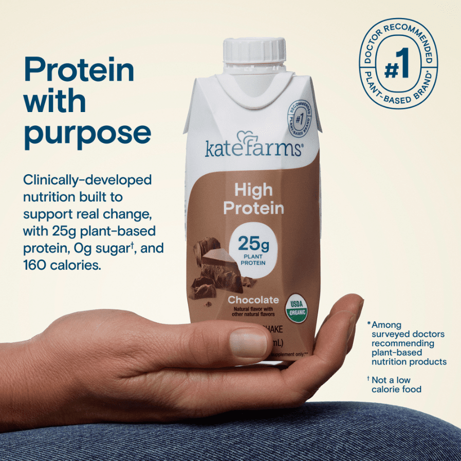 Chocolate high protein nutrition shake carton with 25g plant protein and USDA organic seal