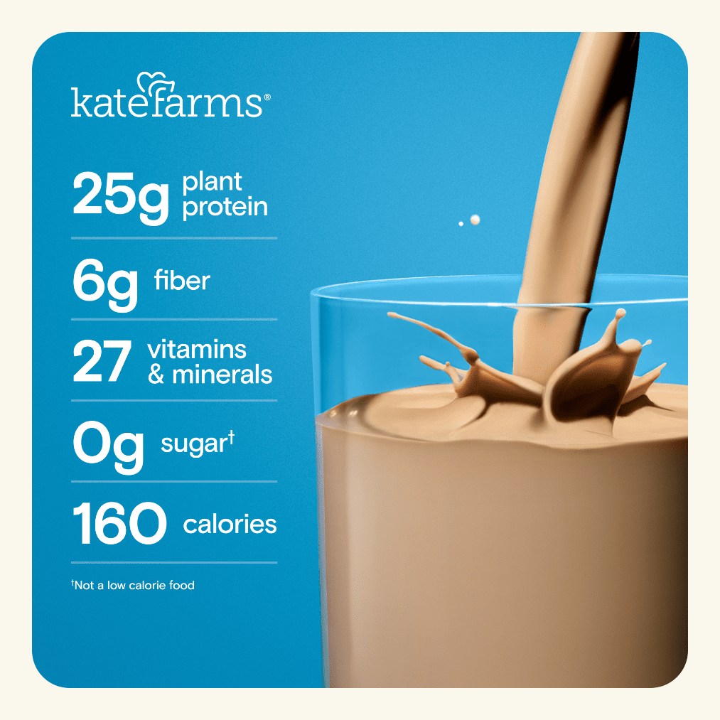 Chocolate high protein shake with blue panel listing 25g protein, 6g fiber, 0g sugar