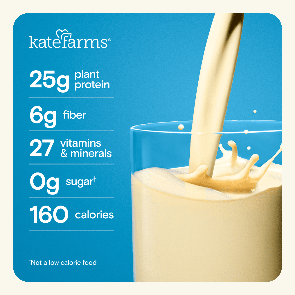 High Protein Strawberry shake graphic: 25g plant protein, 6g fiber, 27 vitamins & minerals