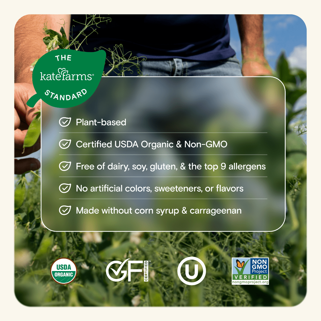 Kate Farms standards icons: plant-based, USDA Organic, non-GMO, no artificial flavors