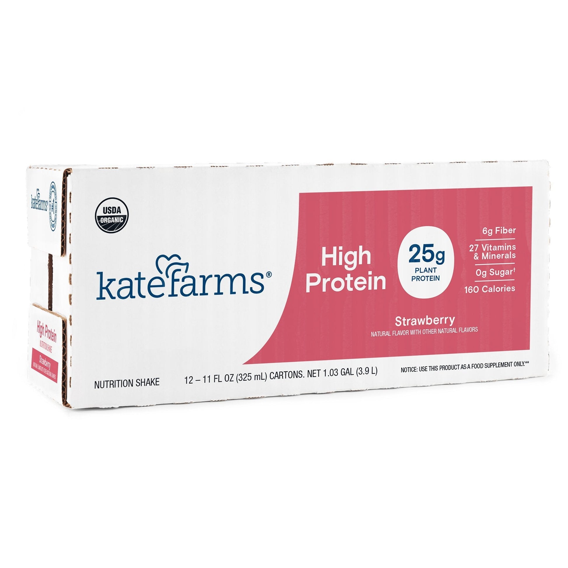 Kate Farms High Protein Strawberry nutrition shake cartons, 12-pack, 11 fl oz each