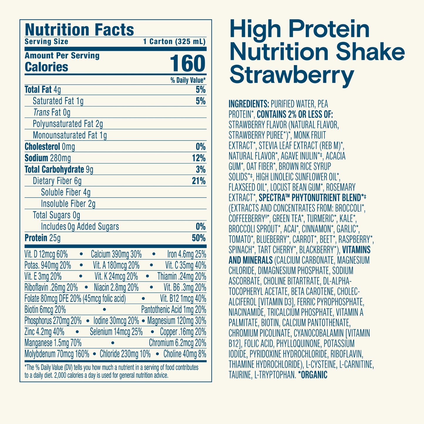 Nutrition Facts panel for High Protein Nutrition Shake Strawberry, 160 calories, 25g protein