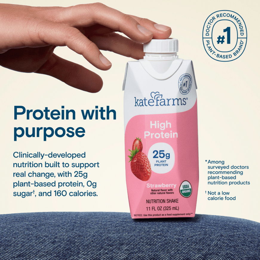 High Protein Strawberry nutrition shake bottle showing 25g plant protein and USDA Organic seal