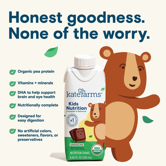 Chocolate Kids Nutrition shake carton with white cap and bear design