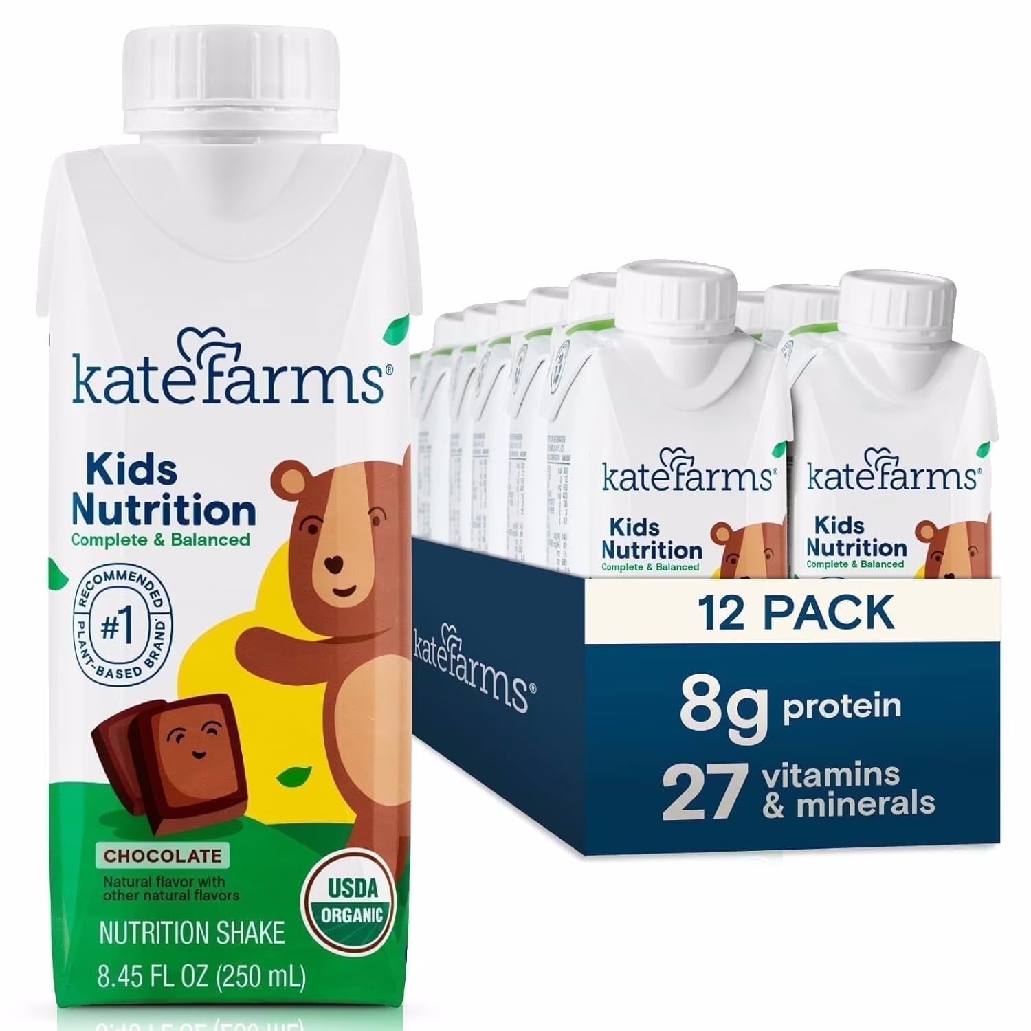 Kate Farms Kids Nutrition Shake, chocolate, 12-pack cartons with white caps