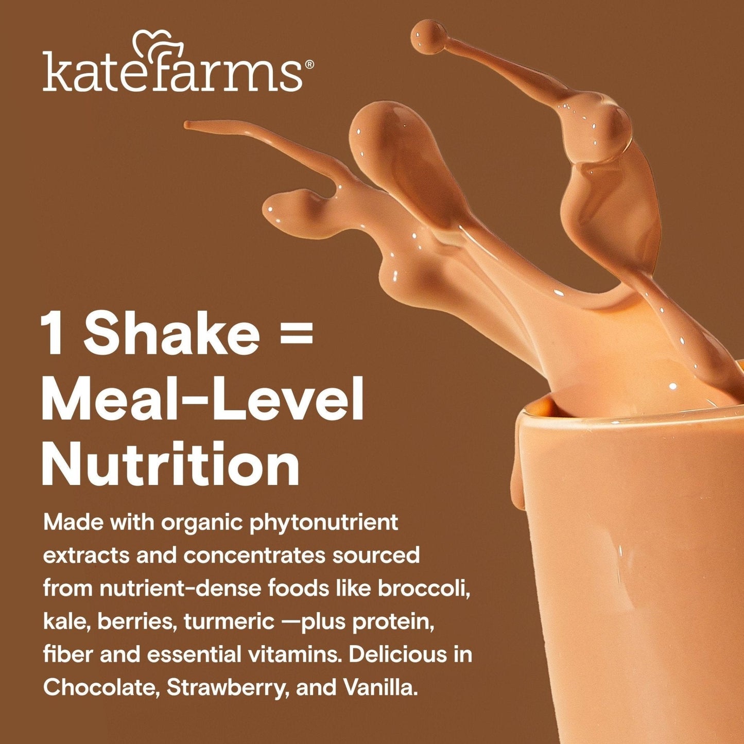 Kids Nutrition shake label with chocolate splash graphic and 1 shake meal-level text