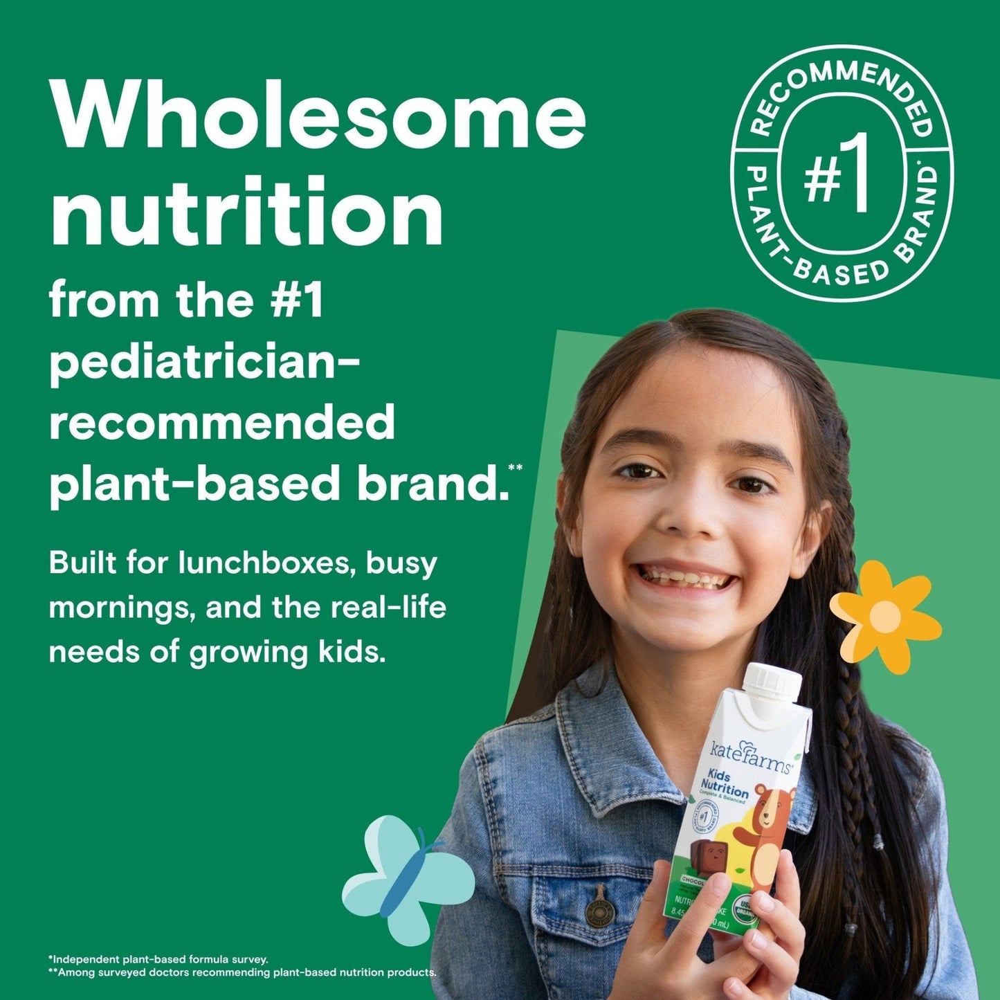 Wholesome nutrition plant-based ad with child holding chocolate Kids Nutrition shake