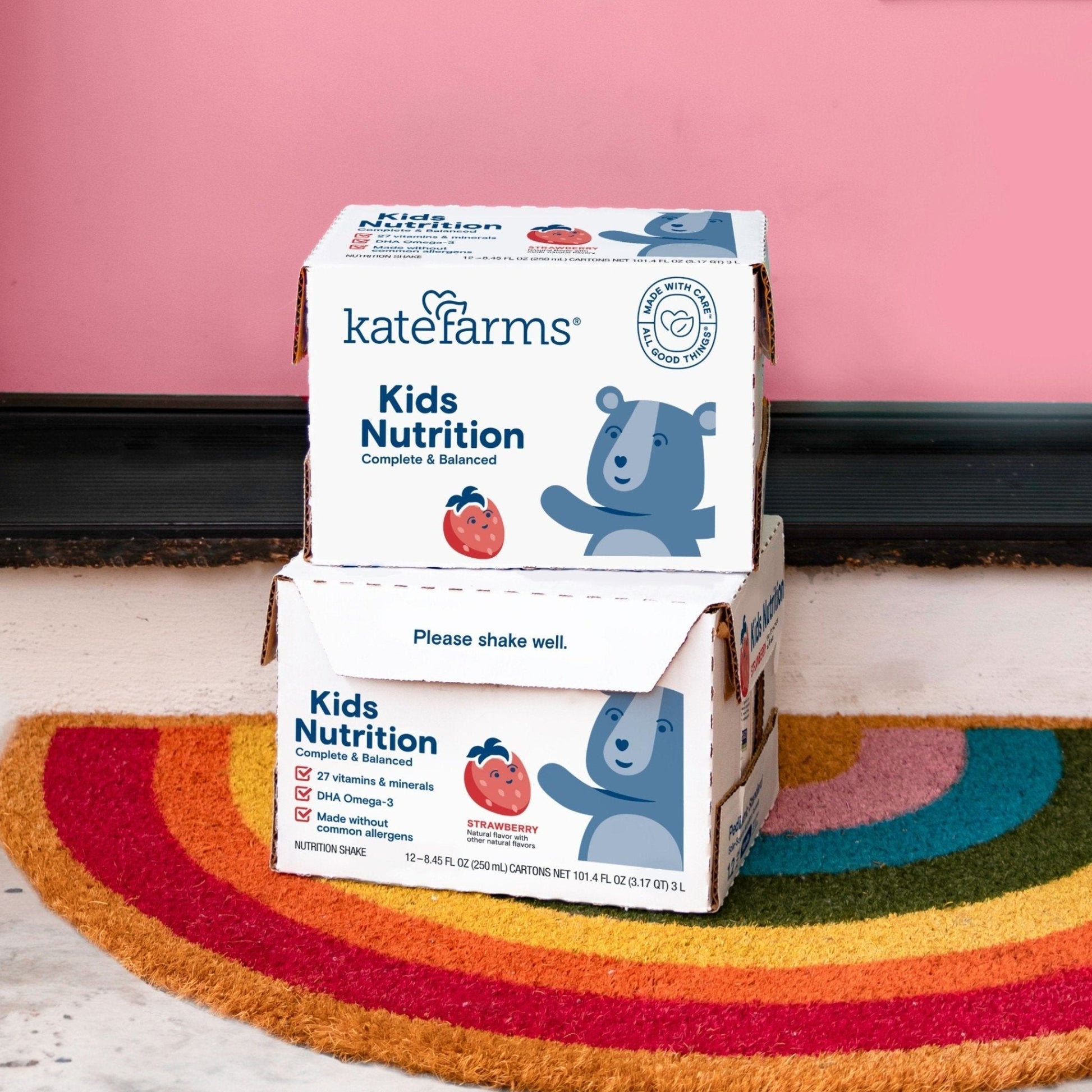 Kids Nutrition Shake case with cartons stacked, Strawberry flavor