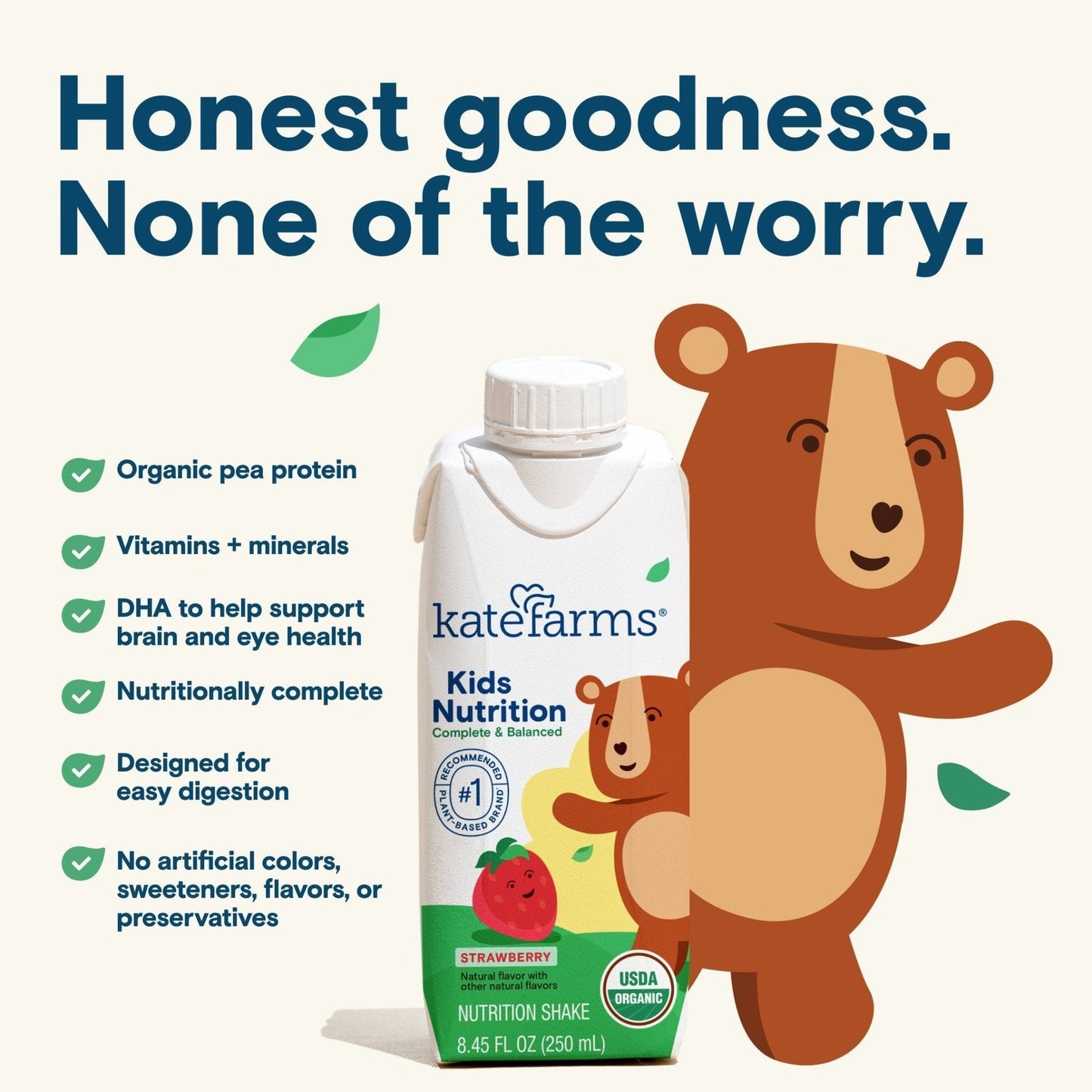 Kids Nutrition Shake carton for kids, Strawberry flavor, front label with icons