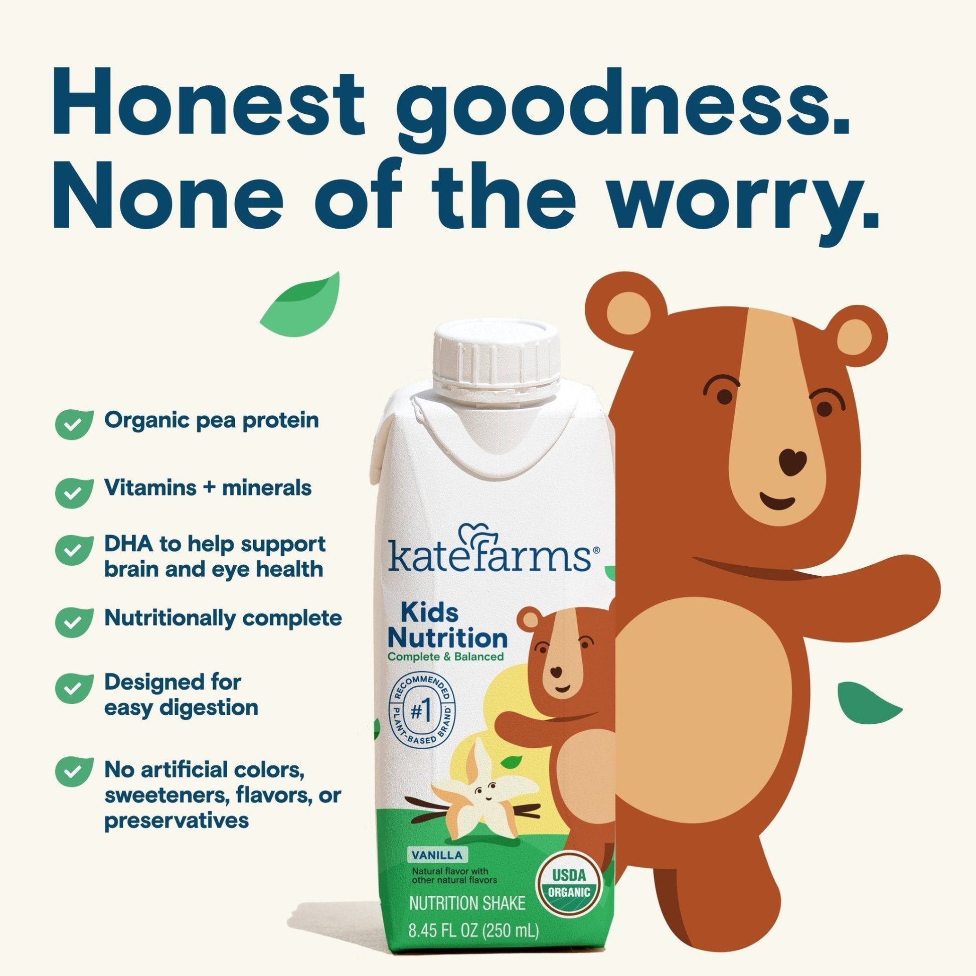 Vanilla Kids Nutrition Shake carton with “Kids Nutrition” label and bear illustration