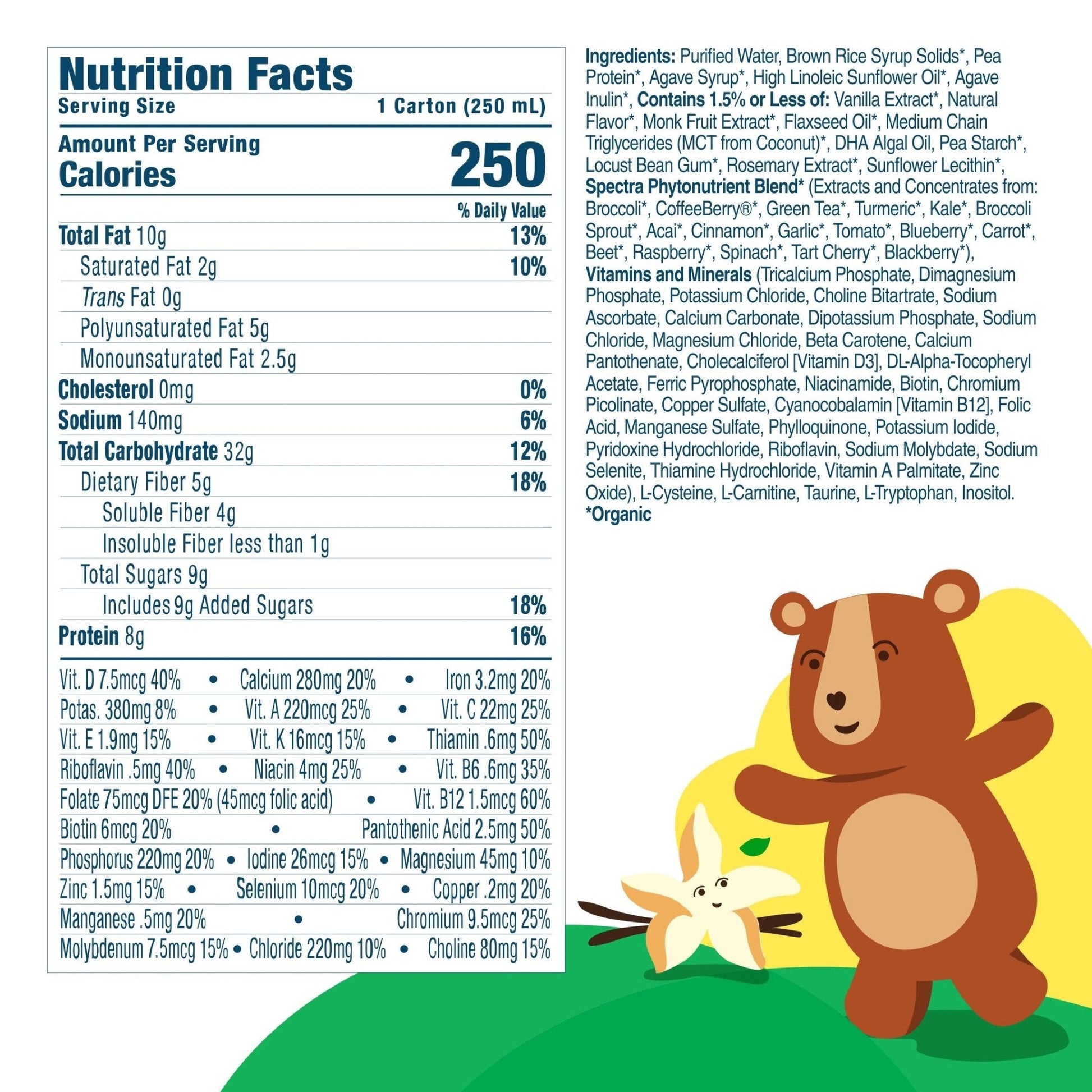 Vanilla Kids Nutrition Shake nutrition facts panel and ingredient list