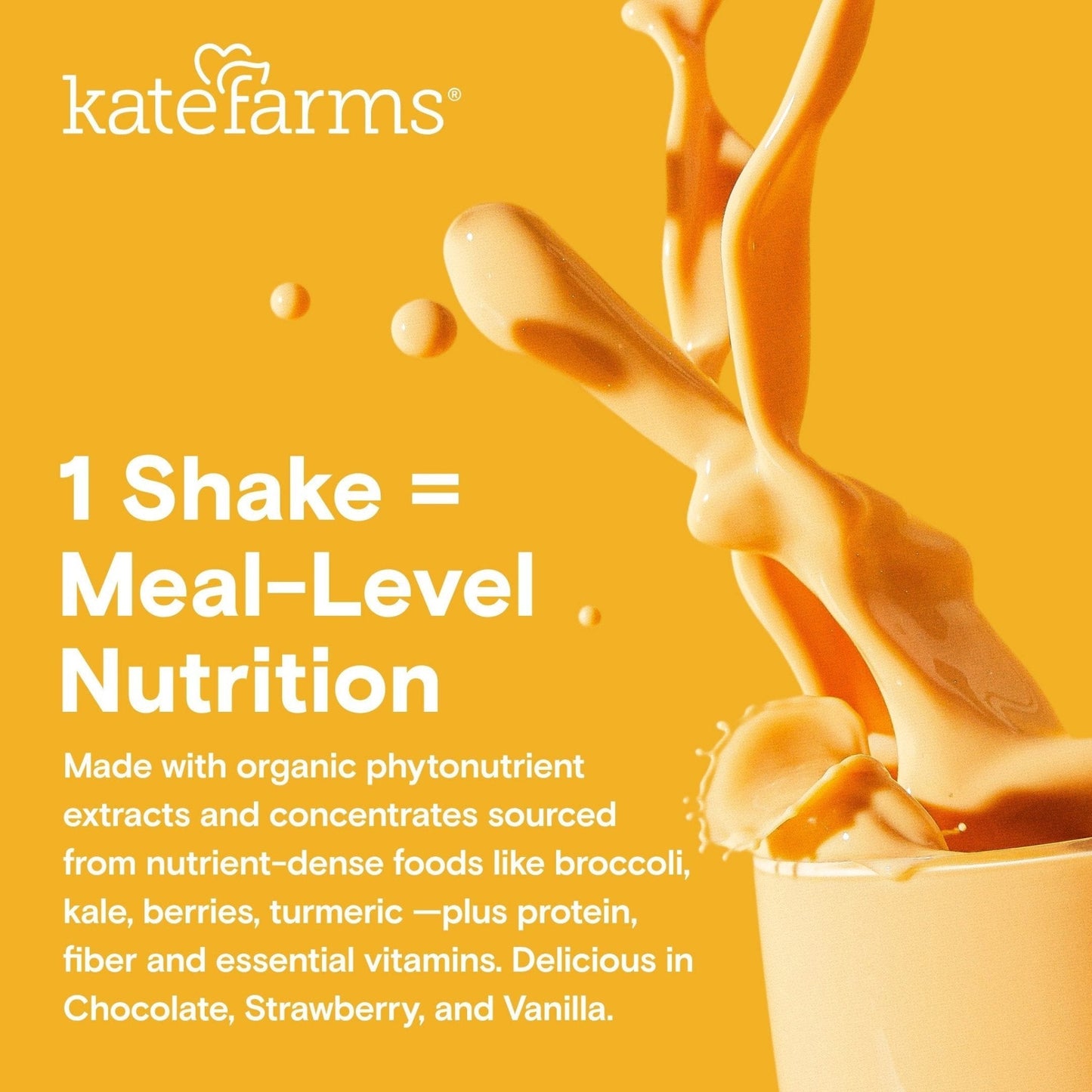 Vanilla kids nutrition shake graphic text “1 Shake = Meal-Level Nutrition”