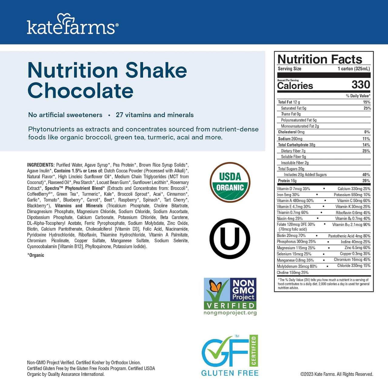 Nutrition Facts for chocolate nutrition shake: 330 calories per 1 carton (325 mL)