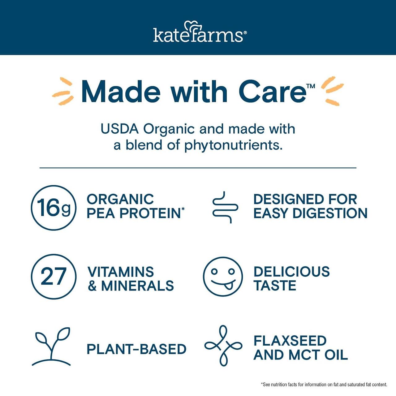 Nutrition Shake Made with Care highlights: 16g organic pea protein, 27 vitamins & minerals