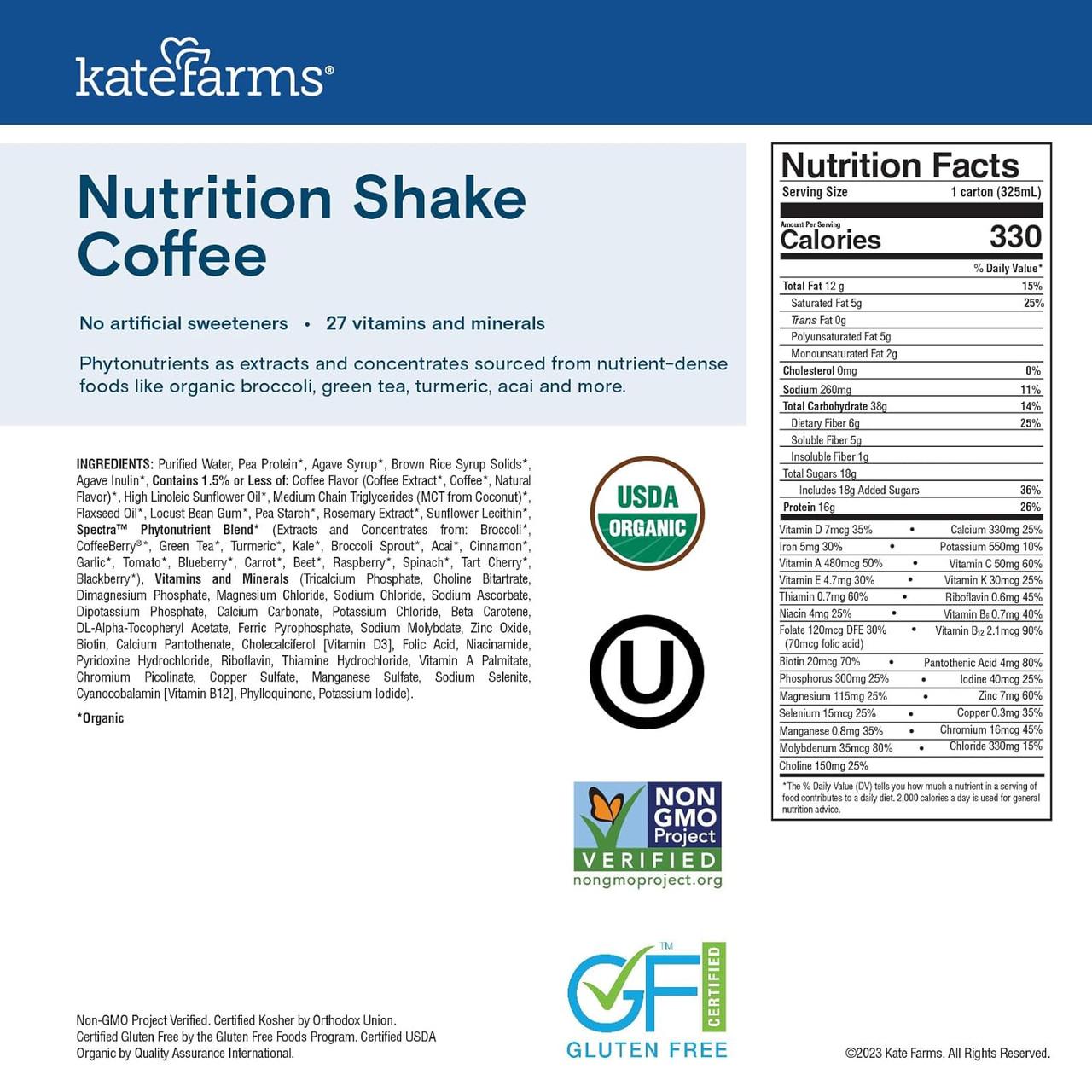 Nutrition Facts for Nutrition Shake Coffee: 330 calories per 11 fl oz carton