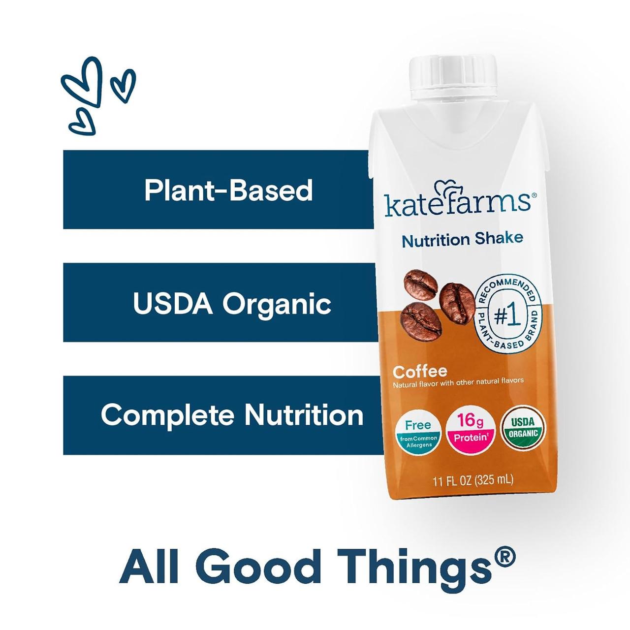 Kate Farms Nutrition Shake Coffee carton front with plant-based and USDA Organic badges
