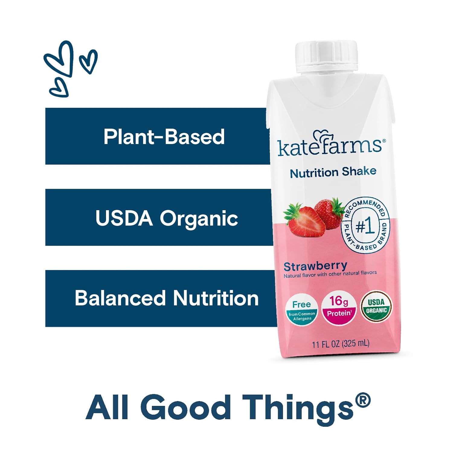 Strawberry Nutrition Shake carton with plant-based, USDA organic, and balanced nutrition badges