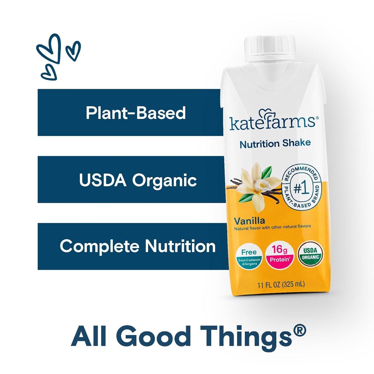Vanilla nutrition shake carton with Plant-Based, USDA Organic and 16g protein badges