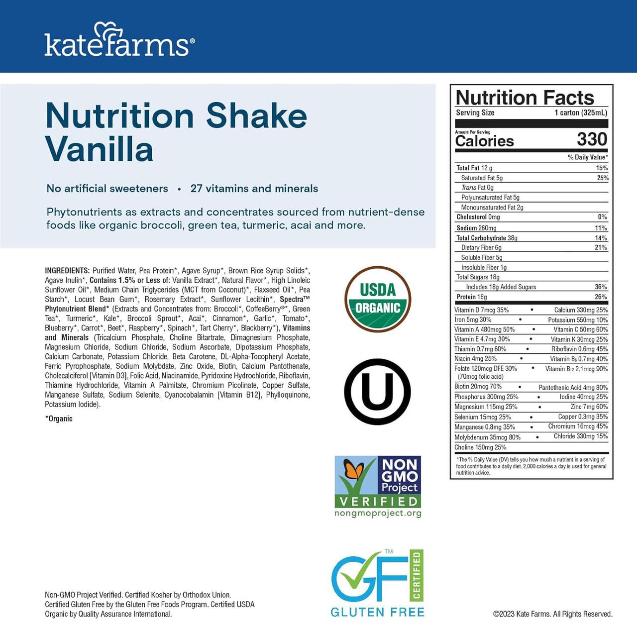 Vanilla nutrition facts panel, 330 calories per serving (carton 325 mL)