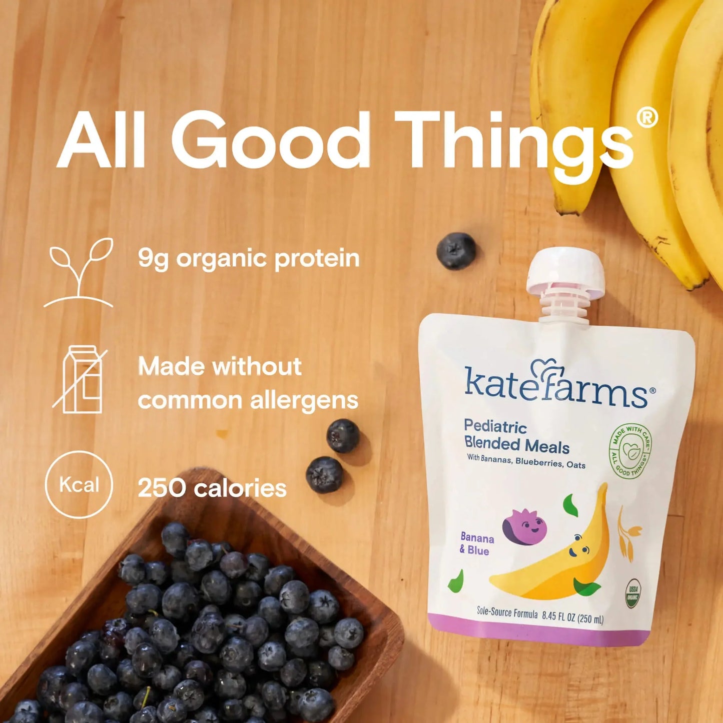 Banana & Blueberry pediatric blended meals pouch next to blueberries and bananas