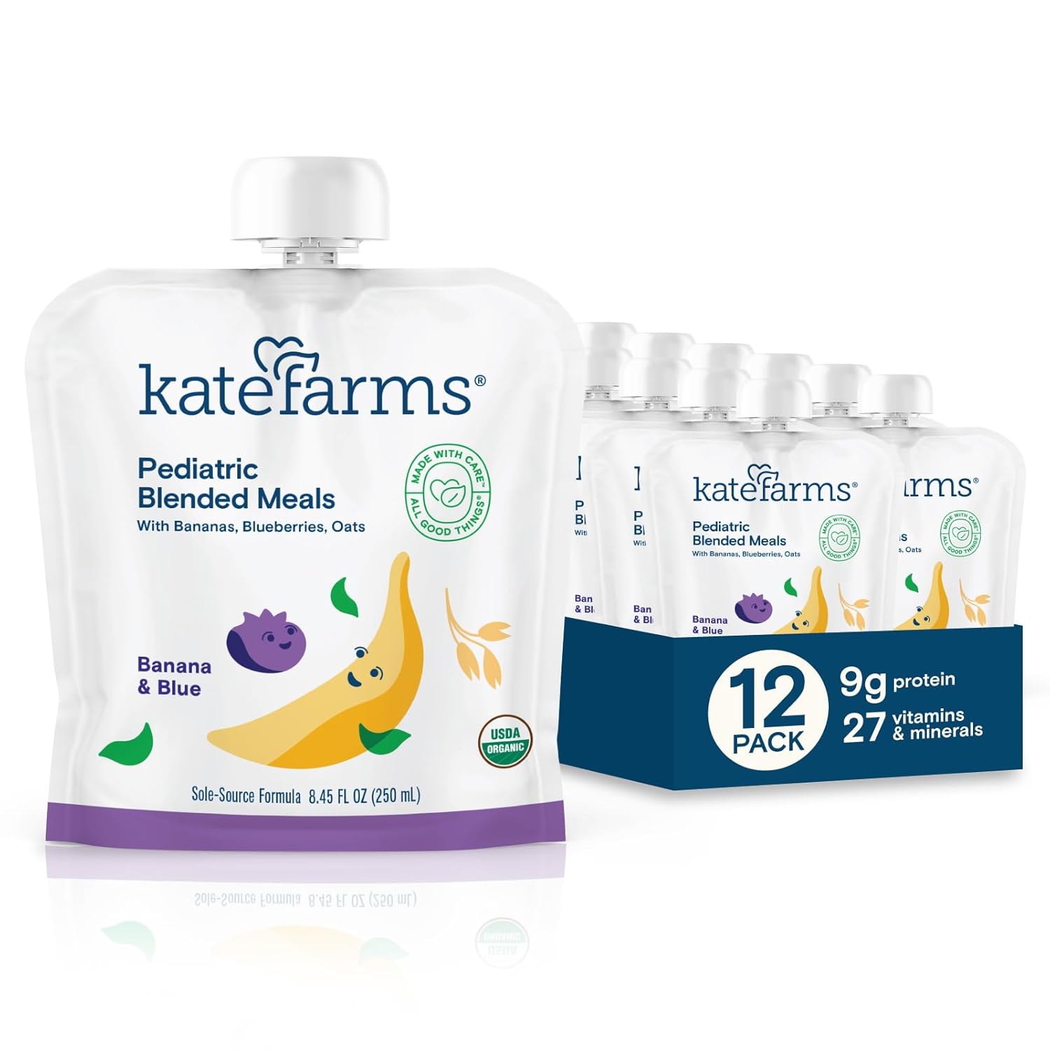 Kate Farms Pediatric Blended Meals pouch, Banana & Blueberry, with spout cap