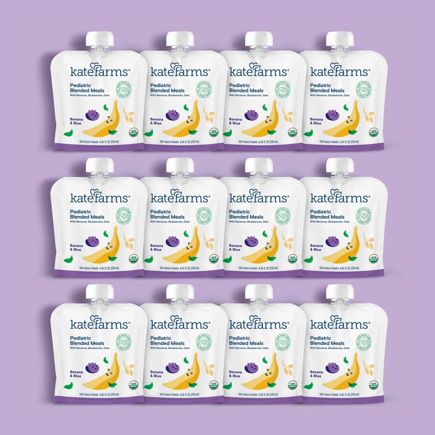 Case of Banana & Blueberry pediatric blended meal pouches, Kate Farms, 12 pack