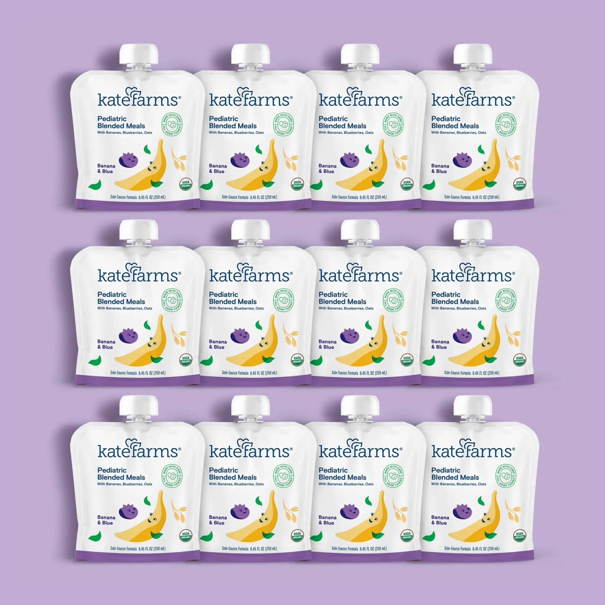 Case of Banana & Blueberry pediatric blended meal pouches, Kate Farms, 12 pack