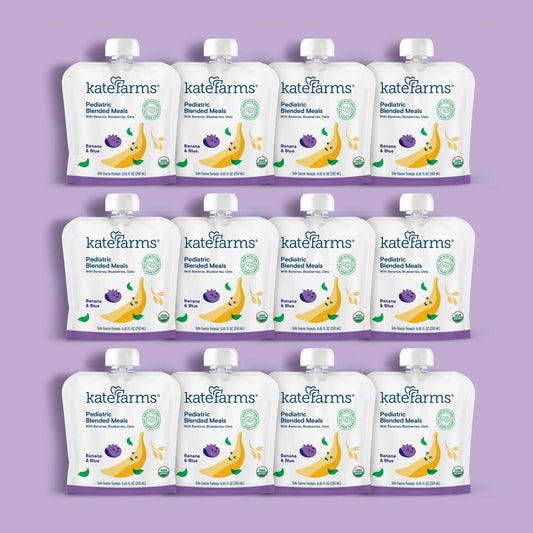 Case of Banana & Blueberry pediatric blended meal pouches, Kate Farms, 12 pack