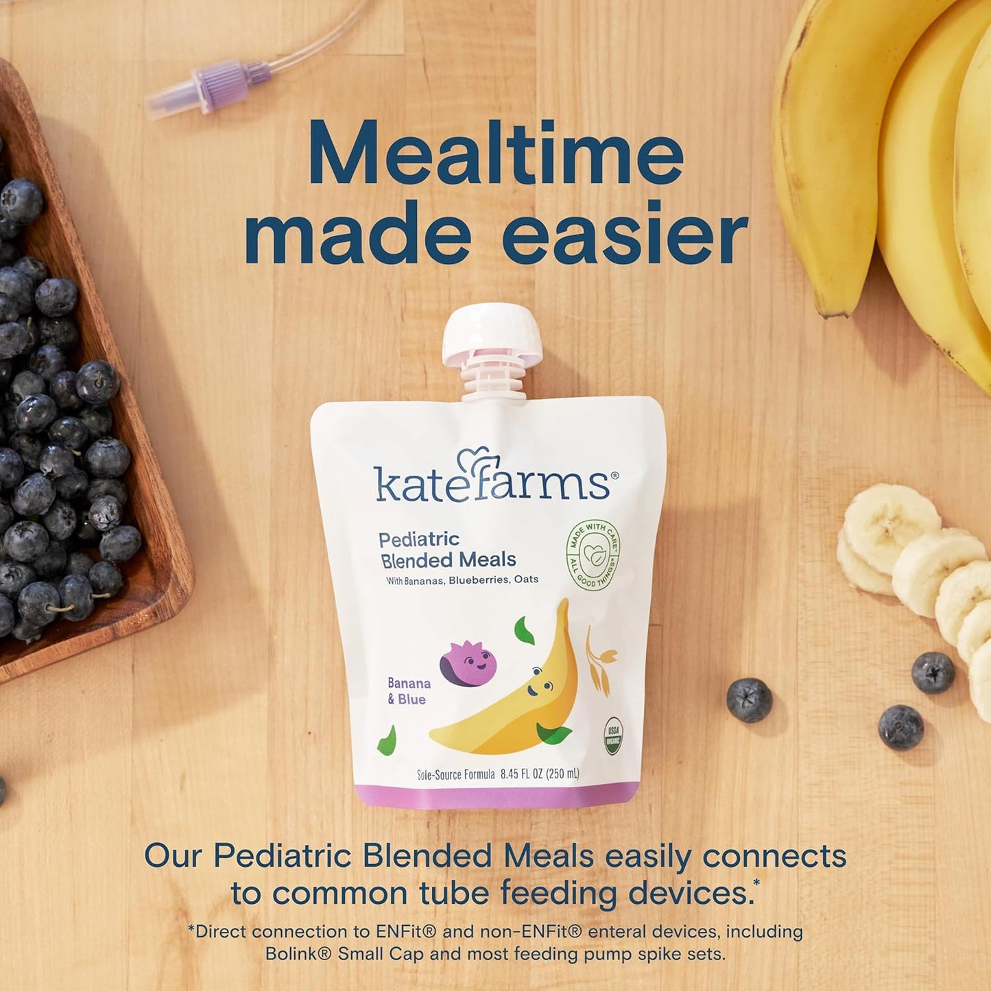 Pediatric blended meals pouch with banana & blueberry label and spout