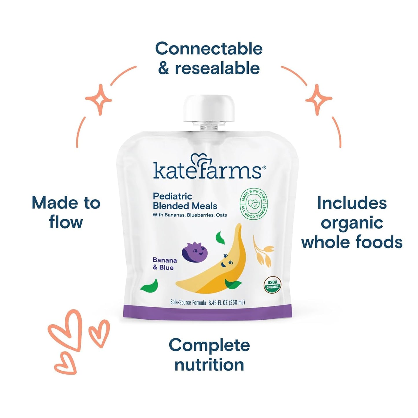 Banana & Blueberry pediatric blended meals pouch with resealable design callouts