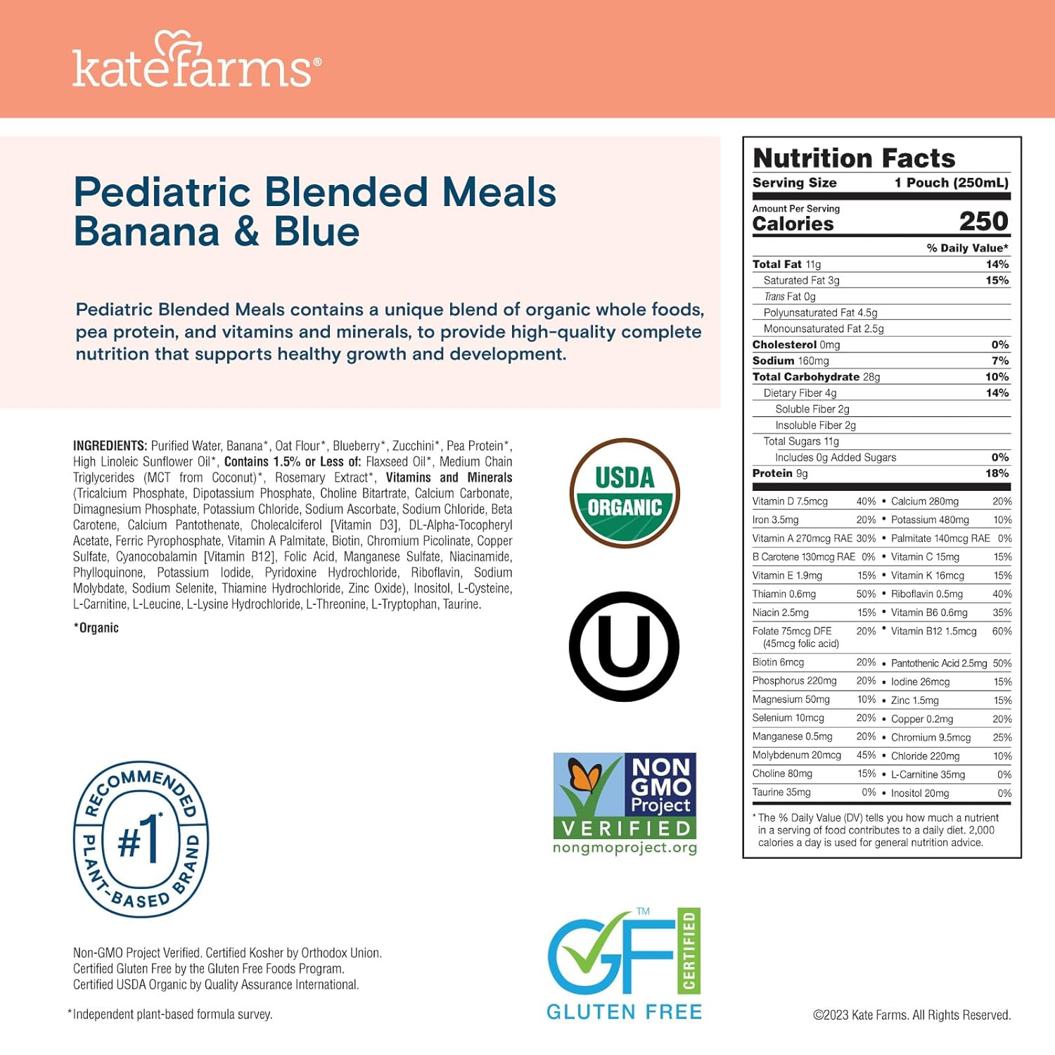 Nutrition facts panel for Pediatric Blended Meals, banana & blueberry, 250 mL pouch
